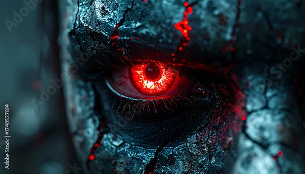 Fototapeta Fiery Gaze: A close-up shot of a human-like entity featuring a glowing, fiery red eye, surrounded by cracked, textured skin, symbolizing intense emotion.