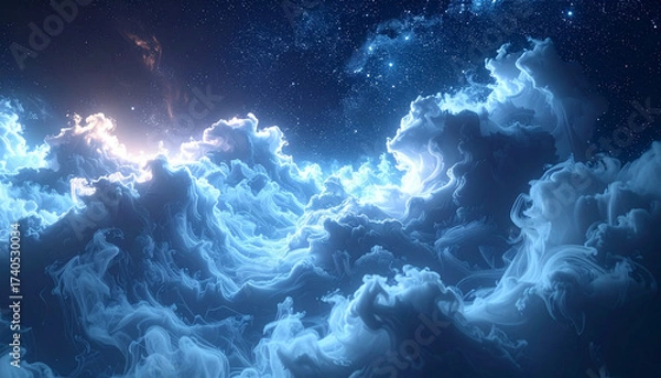 Fototapeta Celestial Symphony: A surreal cosmic canvas painted with billowing clouds, shimmering stars, and a breath taking aura, igniting a sense of wonder and infinite possibilities.