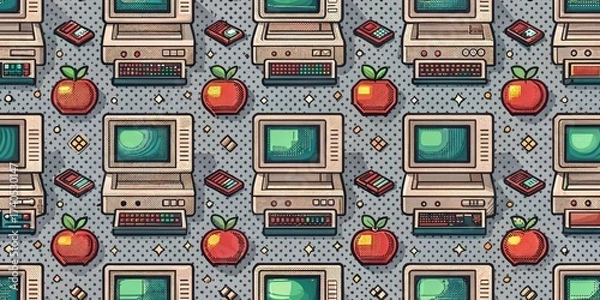 Fototapeta Vintage Computer And Apple Pattern Retro Technology Background Illustration