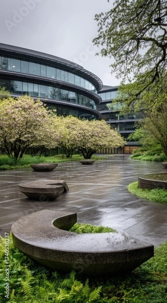 Obraz Modern curved building with a lush garden and stone seating on a rainy day