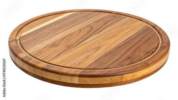 Fototapeta Round wooden cutting board with concentric groove and dark wood grain circular kitchen
