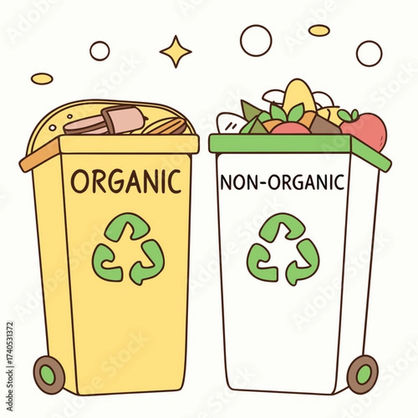 Obraz Two colorful recycling bins one for organic waste and one for non organic waste with recycling symbols and overflowing contents