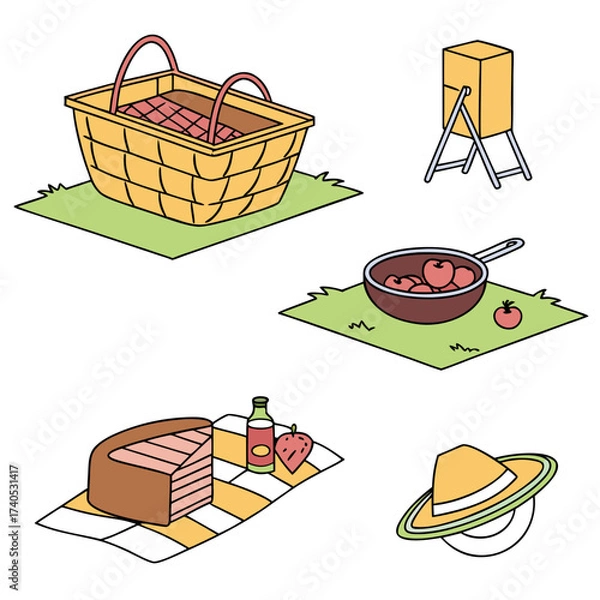 Fototapeta A charming collection of isometric picnic elements including a basket food drinks and a hat on a white background