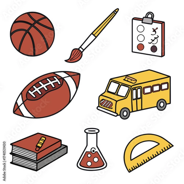 Obraz A collection of colorful cartoon school supplies and sports equipment including a basketball football bus books paint brush flask and protractor