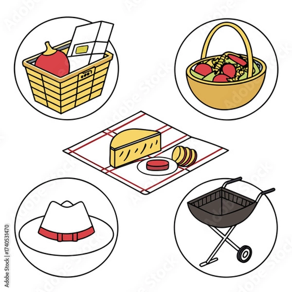 Obraz A collection of picnic and barbecue elements including a picnic basket salad cheese a hat and a grill presented in a clean illustration style