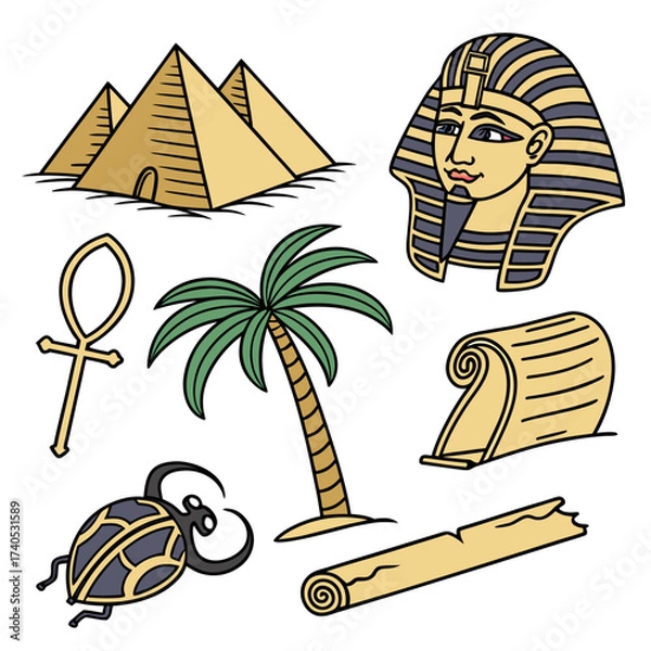 Fototapeta Collection of egyptian icons featuring pyramids pharaohs mask ankh palm tree scarab beetle and papyrus scrolls