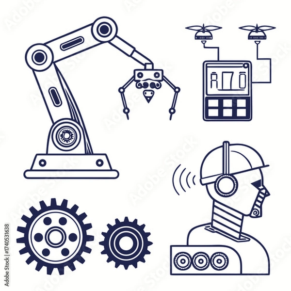 Fototapeta Collection of industrial automation and robotics icons including a robotic arm drone control gears and a robotic head with headphones