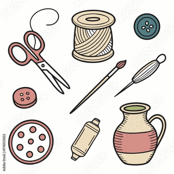 Obraz Collection of sewing and crafting supplies including scissors thread spool needle paintbrush buttons and a clay pot on a white background