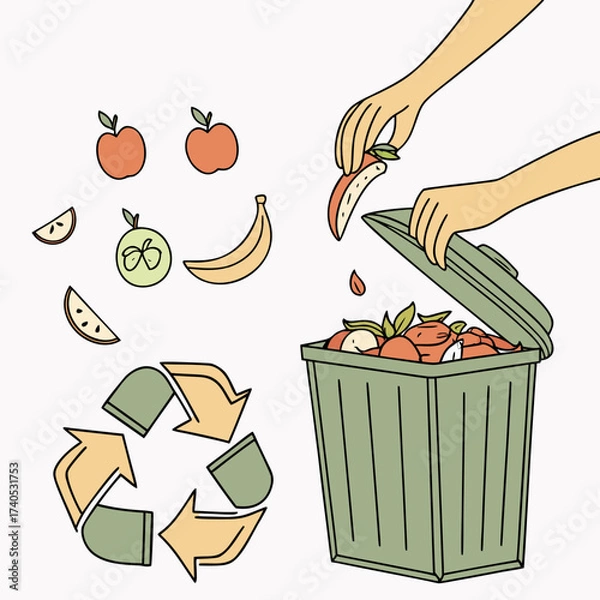 Fototapeta Hands composting fruit scraps into a green bin next to a recycling symbol and scattered fruit illustrations