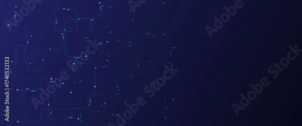 Fototapeta Motherboard technology circuit board texture design. Glowing light blue neon AI chip with thin circuit contact lines. Technology lines circuit and dots on blue background, circuit board network connec