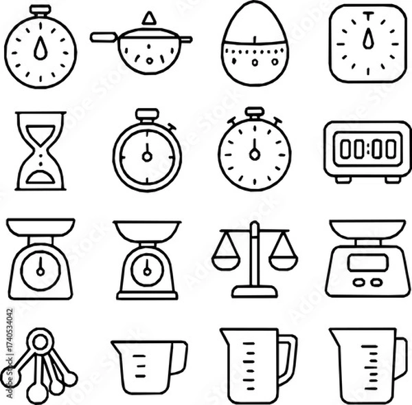Fototapeta Kitchen Timer & Measuring Tools – 16 Black Line Vector Icons