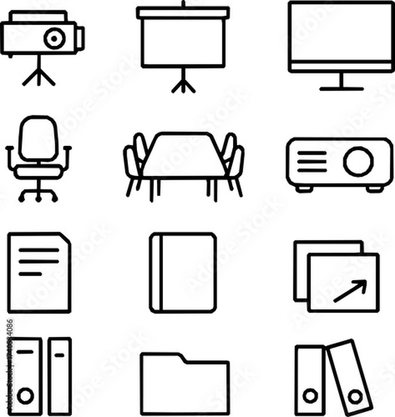 Fototapeta Meeting Room Essentials & File Organization Vector Icon Set