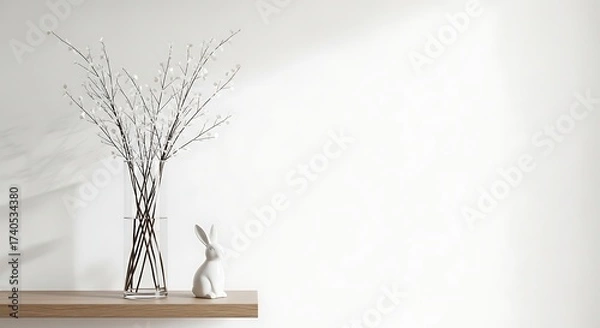 Fototapeta White Easter Bunny Figurine and Branches in Vase on Shelf rabbit