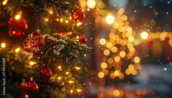 Obraz Illuminated Christmas Tree with Red Ornaments and Bokeh Lights in Snowy Outdoor Setting