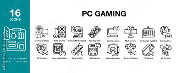 Fototapeta PC Gaming icon set. Includes pc, computer, gaming, play, gamer, game and More. Editable Stroke Icon Collection.