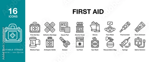 Fototapeta First Aid icon set. Includes health, emergency, help, aid, medical and More. Editable Stroke Icon Collection.