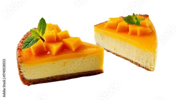 Fototapeta  Delicious Mango Cheesecake Slice Duo with Mint Topping, isolated on transparent background
