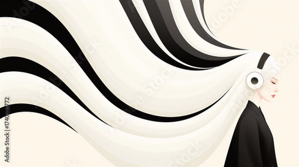 Fototapeta Minimal black and white illustration of woman with abstract flowing hair. Modern design artwork with copy space emphasizes style and artistic creativity.