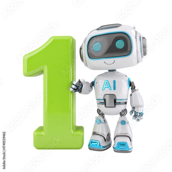 Obraz Cute AI Robot with Number One on Transparent Background