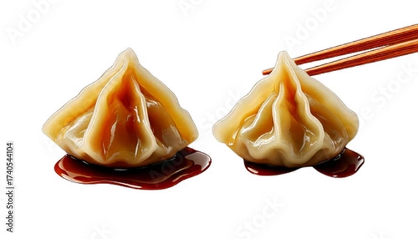 Obraz Asian Steamed Dumpling with Chopsticks and Sauce Drop, isolated on transparent background