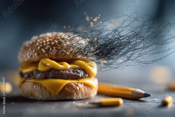 Fototapeta Burger merges with pencil, artful food fusion scene