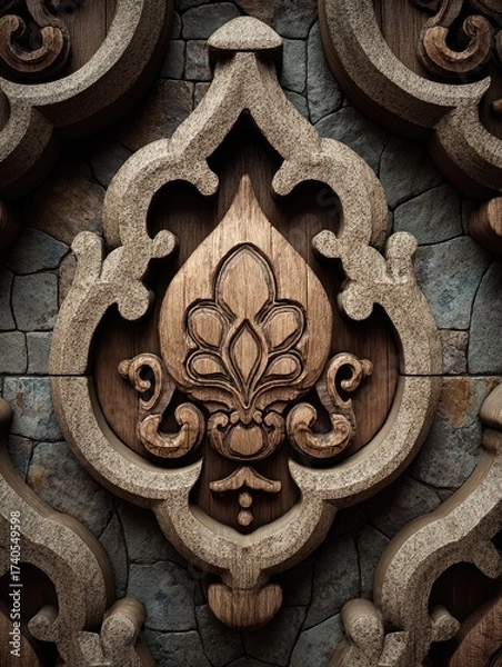 Fototapeta Intricate carved flower motif tile on textured stone background