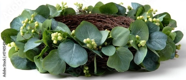 Fototapeta Foliage wreath with berries on woven twig base