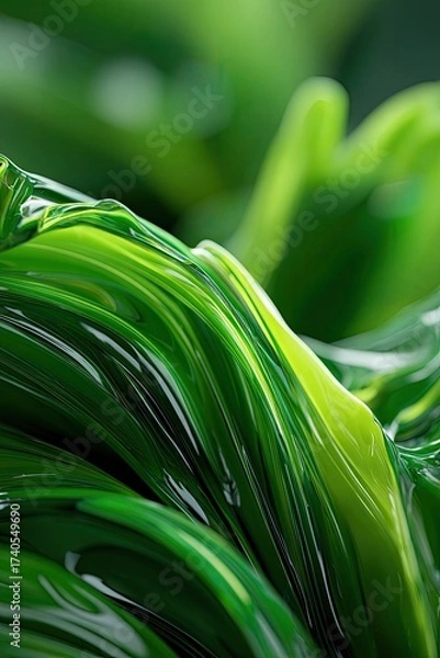 Fototapeta Green abstract glossy waves, close-up with light