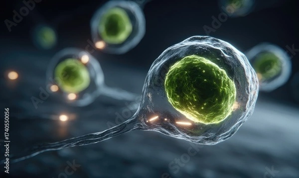 Fototapeta Cells with luminous green nucleus, attached, detailed view