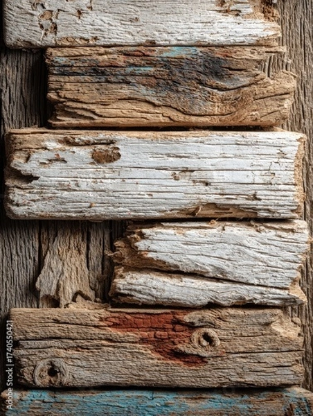 Fototapeta Stacked, weathered wood, rustic, textured backdrop