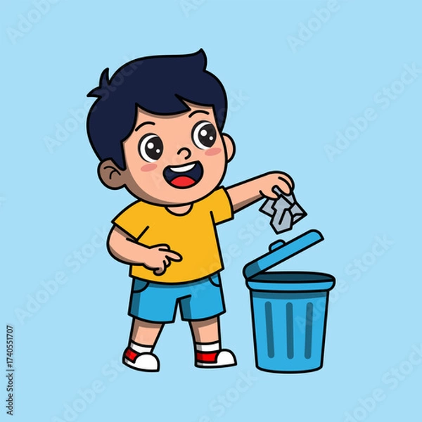 Fototapeta Vector Cartoon Illustration of Child Putting Garbage in Dustbin