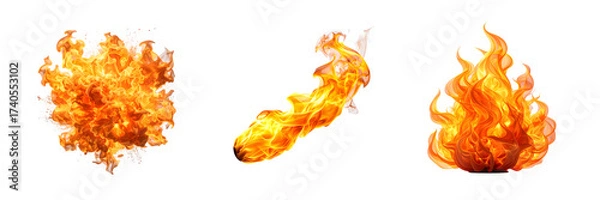 Obraz Dynamic collection of digitally rendered fire elements, featuring a fiery explosion, a streaking fireball, and a classic bonfire flame for visual effects