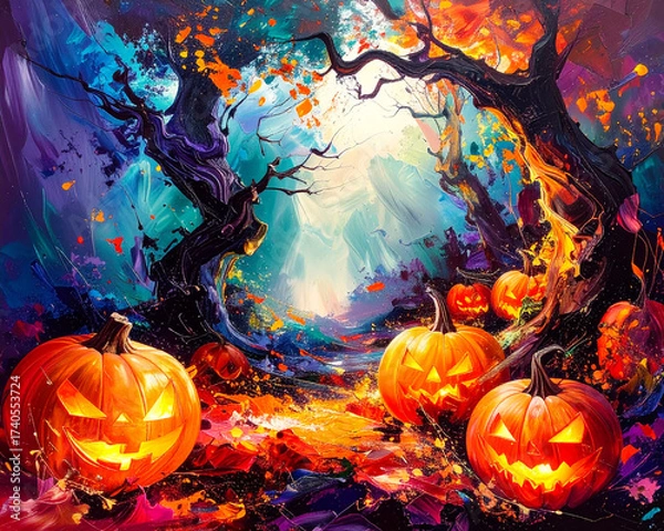 Fototapeta Dark forest with twisted trees, glowing pumpkins at edges, center empty space
