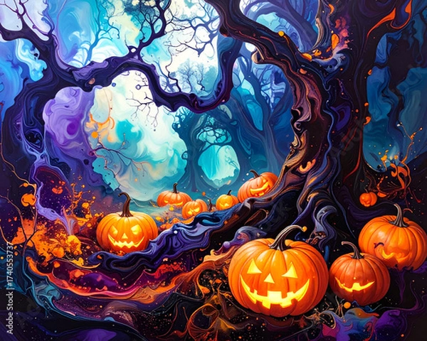 Fototapeta Dark forest with twisted trees, glowing pumpkins at edges, center empty space