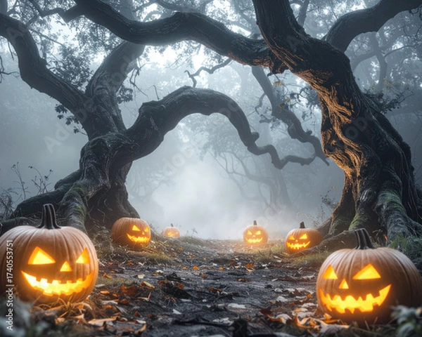 Fototapeta Dark forest with twisted trees, glowing pumpkins at edges, center empty space