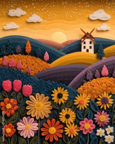 Fototapeta Handcrafted Botanical Artwork Colorful Quilled Paper Landscape with Flowers and Windmill at Sunset with blooming spring garden detail in paper style