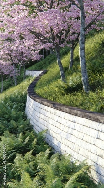 Obraz A winding stone wall bordered by vibrant green ferns and topped with cherry blossoms