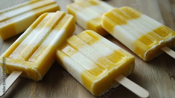 Fototapeta Yellow pineapple and creamy coconut layered popsicles on a wooden table.