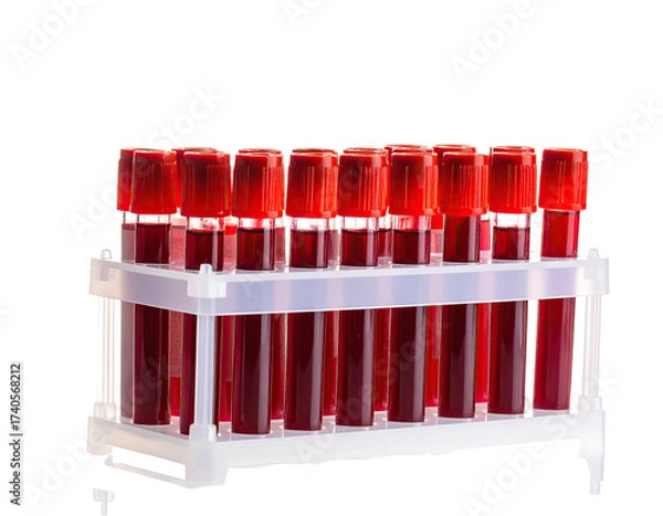 Obraz Test tubes filled with red liquid, arranged in a plastic rack