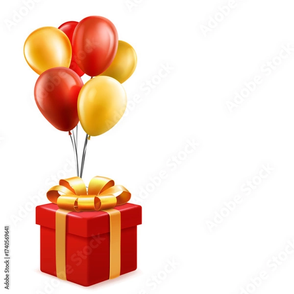 Fototapeta Realistic illustration of a red gift box with gold ribbon and red and gold balloons on a white background.