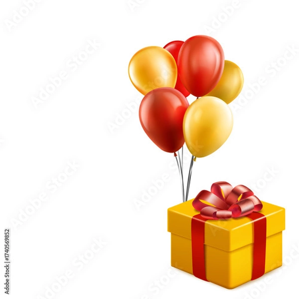 Fototapeta A yellow gift box adorned with a red ribbon and bow, accompanied by red and yellow balloons on a white background.