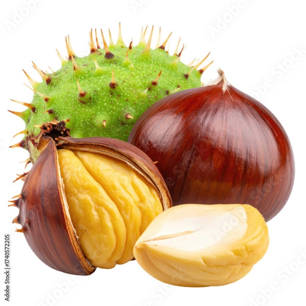 Obraz Close-up of three chestnuts, one whole, and two halves showing the interior. The whole chestnut is a vibrant green with prickly spines. 