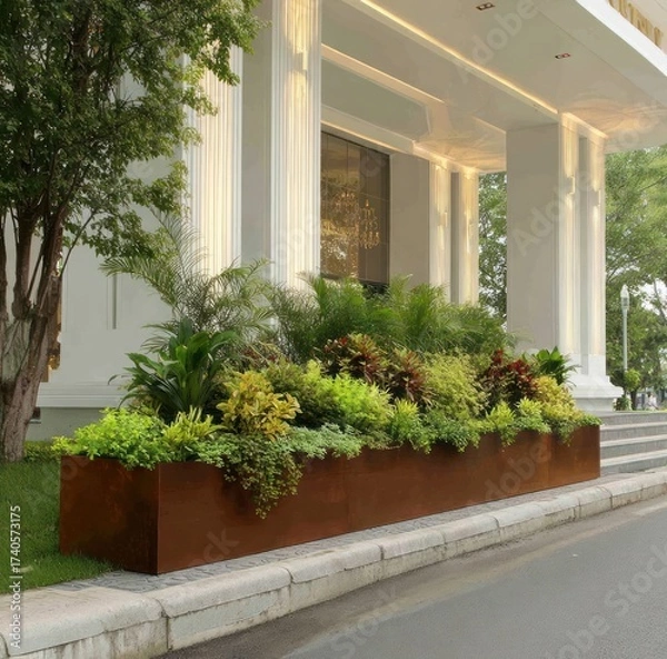 Obraz A rectangular planter overflowing with lush greenery in front of a building's white facade