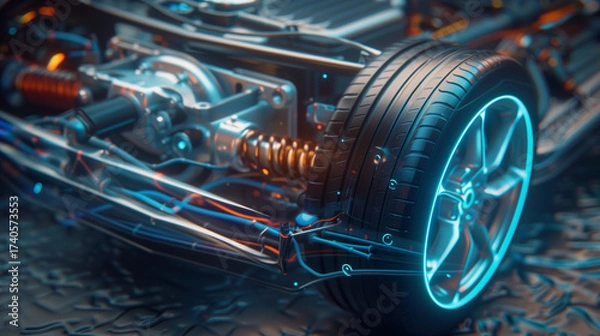 Fototapeta Extreme close-up of EV’s transparent chassis: glowing current lines, spinning rotor, 3D-rendered electric motor with energy flow, cool palette.