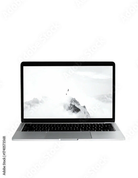 Obraz A laptop computer displays a grayscale image of mountains shrouded in mist