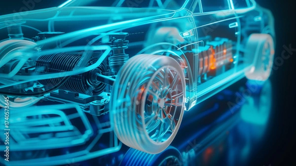 Fototapeta Extreme close-up of EV’s transparent chassis: glowing current lines, spinning rotor, 3D-rendered electric motor with energy flow, cool palette.