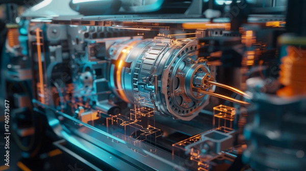 Fototapeta Extreme close-up of EV’s transparent chassis: glowing current lines, spinning rotor, 3D-rendered electric motor with energy flow, cool palette.