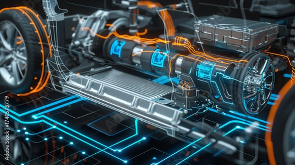 Fototapeta Extreme close-up of EV’s transparent chassis: glowing current lines, spinning rotor, 3D-rendered electric motor with energy flow, cool palette.
