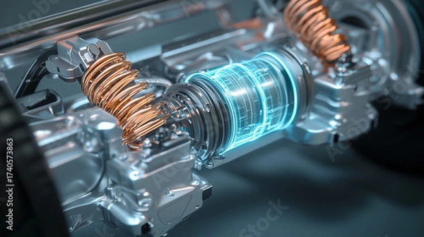 Fototapeta Extreme close-up of EV’s transparent chassis: glowing current lines, spinning rotor, 3D-rendered electric motor with energy flow, cool palette.