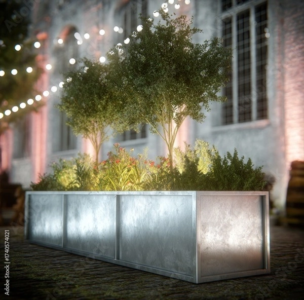 Obraz A rectangular metal planter overflows with lush greenery against a blurred, lit facade